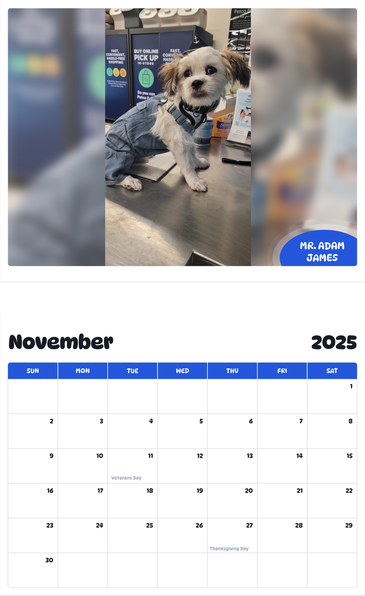 July 2025 - June 2026 Mr. Adam James - Pawidols Pet Calendar