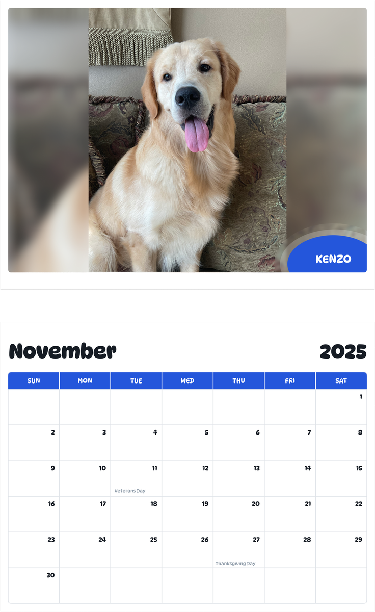 July 2025 - June 2026 Kenzo - Pawidols Pet Calendar