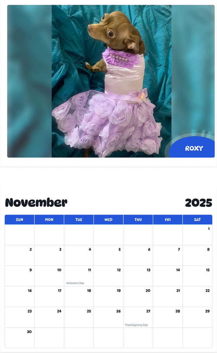 July 2025 - June 2026 Roxy - Pawidols Pet Calendar