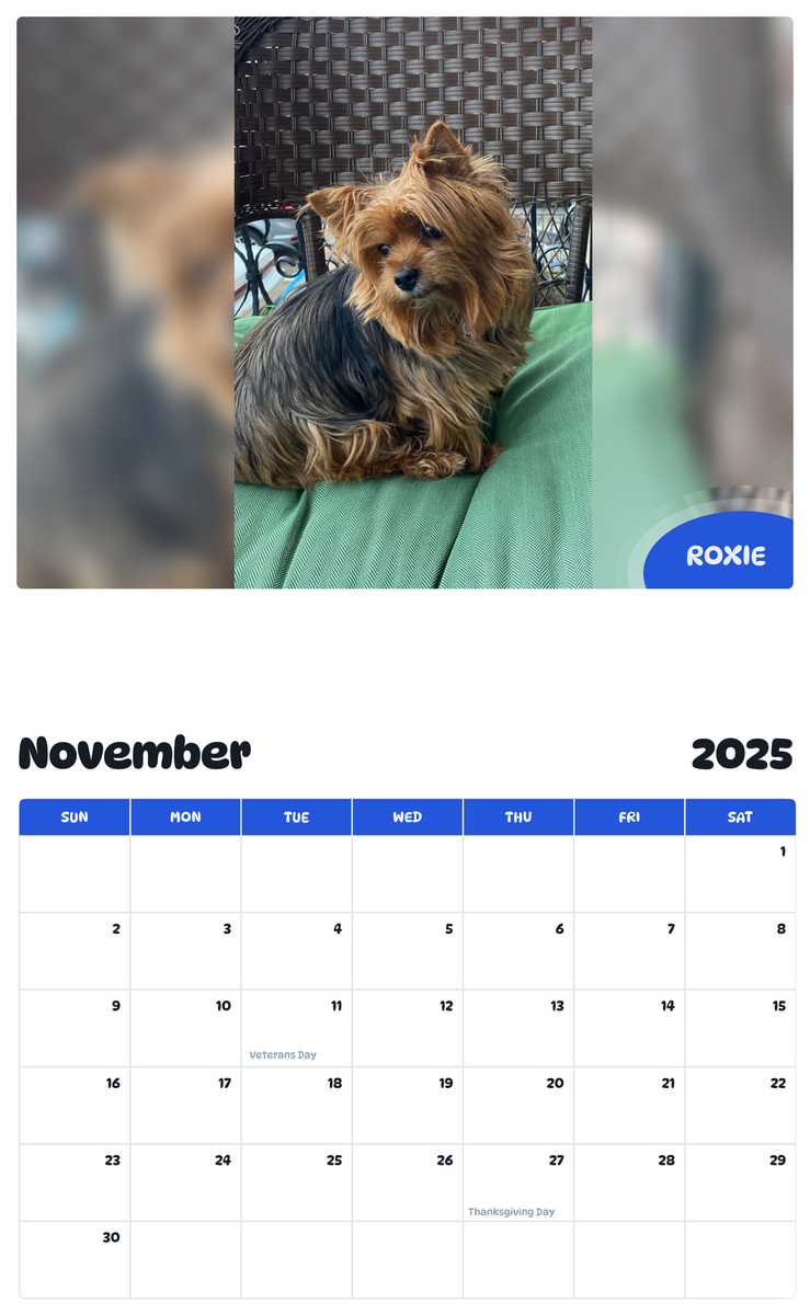 July 2025 - June 2026 Roxie - Pawidols Pet Calendar
