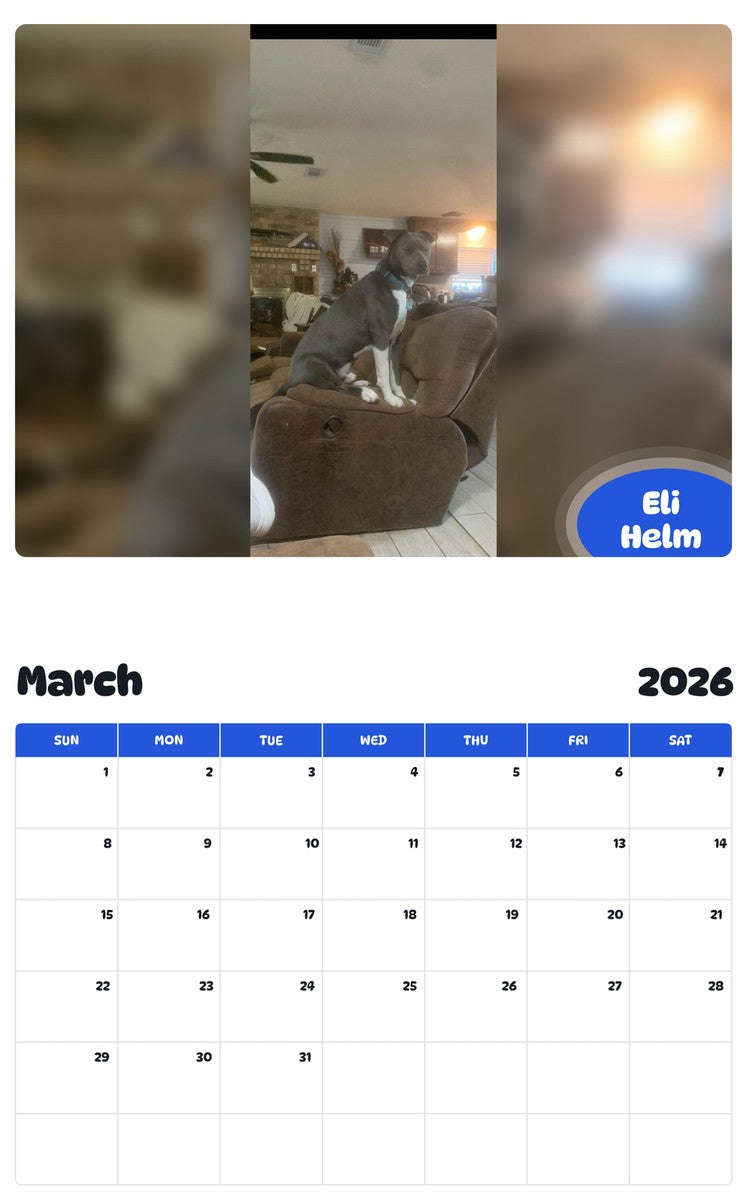 November 2025 - October 2026 Eli Helm - Pawidols Pet Calendar