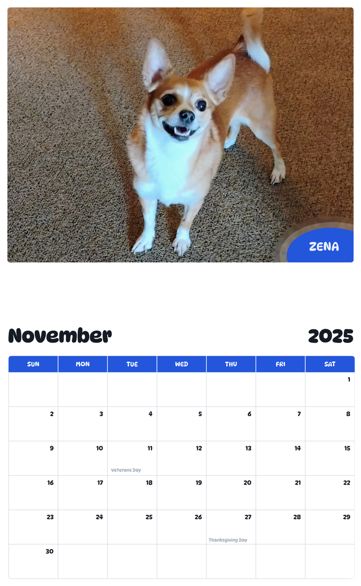 July 2025 - June 2026 Zena - Pawidols Pet Calendar