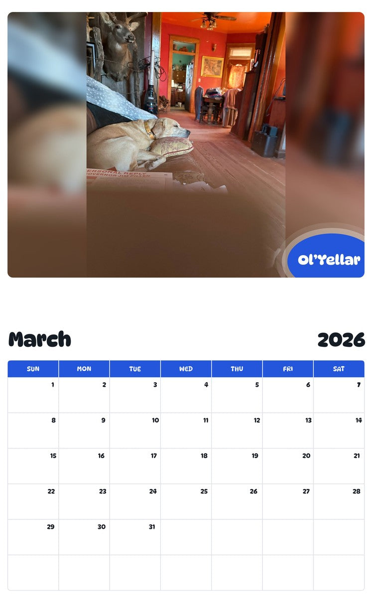 November 2025 - October 2026 Ol’Yellar - Pawidols Pet Calendar