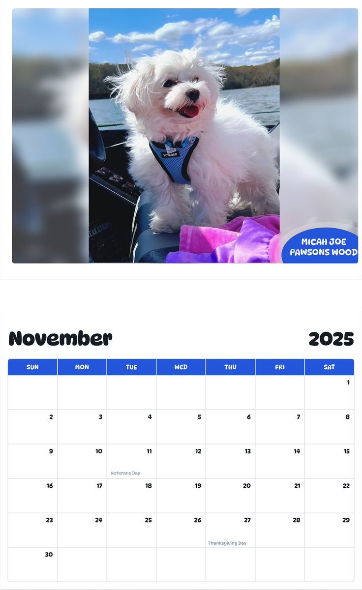 July 2025 - June 2026 Micah Joe Pawsons Wood - Pawidols Pet Calendar