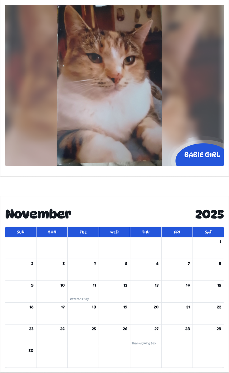July 2025 - June 2026 Babie girl - Pawidols Pet Calendar