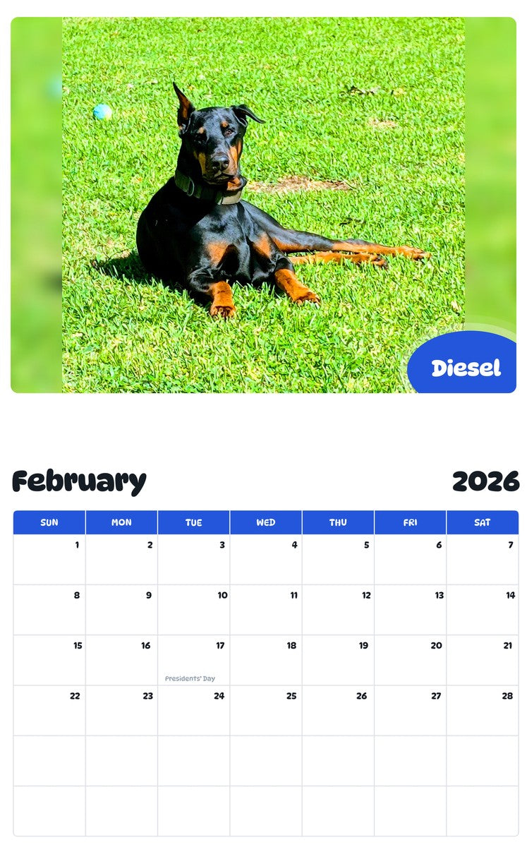 October 2025 - September 2026 Diesel - Pawidols Pet Calendar