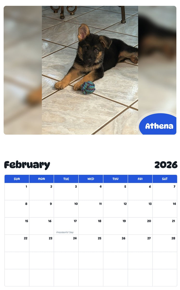 November 2025 - October 2026 Athena - Pawidols Pet Calendar