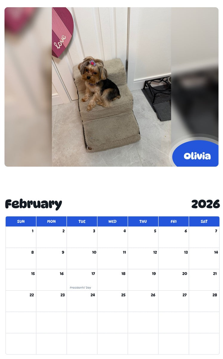 October 2025 - September 2026 Olivia - Pawidols Pet Calendar