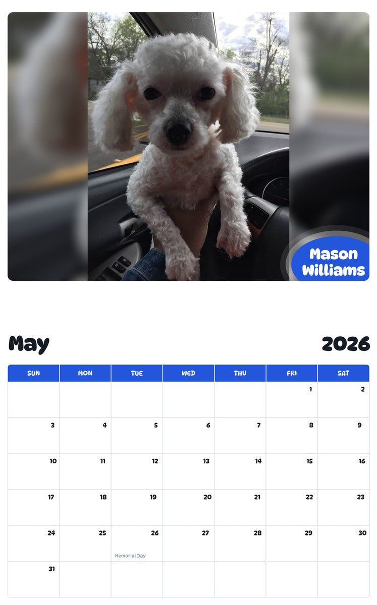 2026 - 2027 Mason Williams - Pawidols Pet Calendar