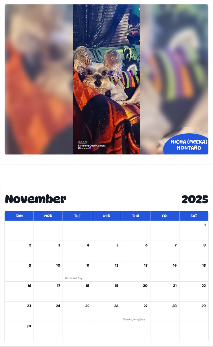 July 2025 - June 2026 Micha (Meeka) Montaño - Pawidols Pet Calendar