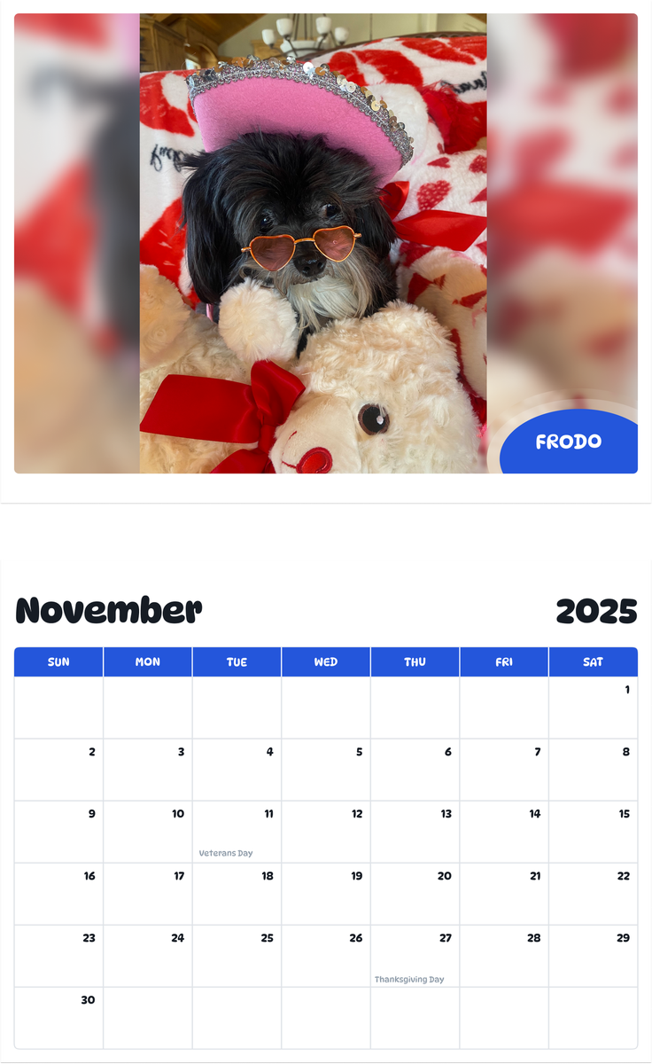 July 2025 - June 2026 Frodo - Pawidols Pet Calendar