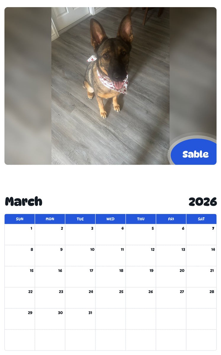 November 2025 - October 2026 Sable - Pawidols Pet Calendar