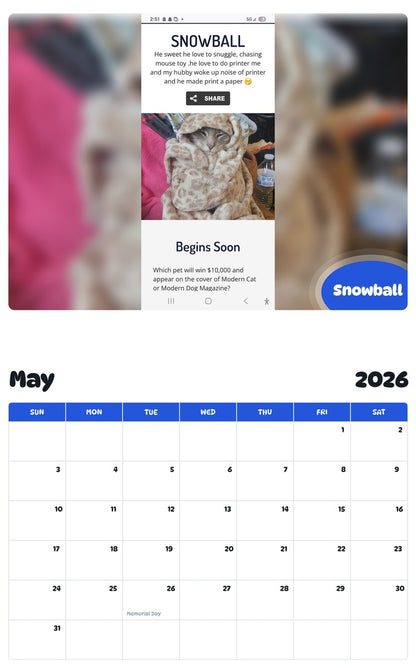 2026 - 2027 Snowball - Pawidols Pet Calendar