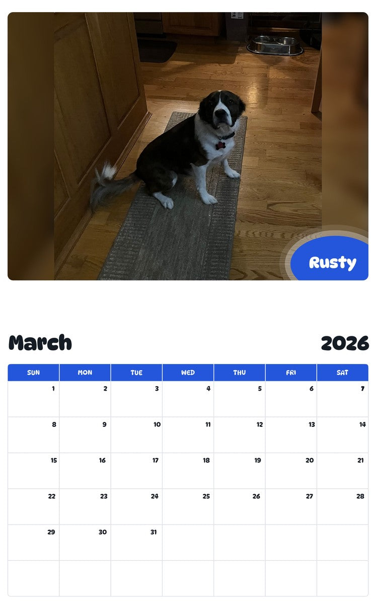 November 2025 - October 2026 Rusty - Pawidols Pet Calendar