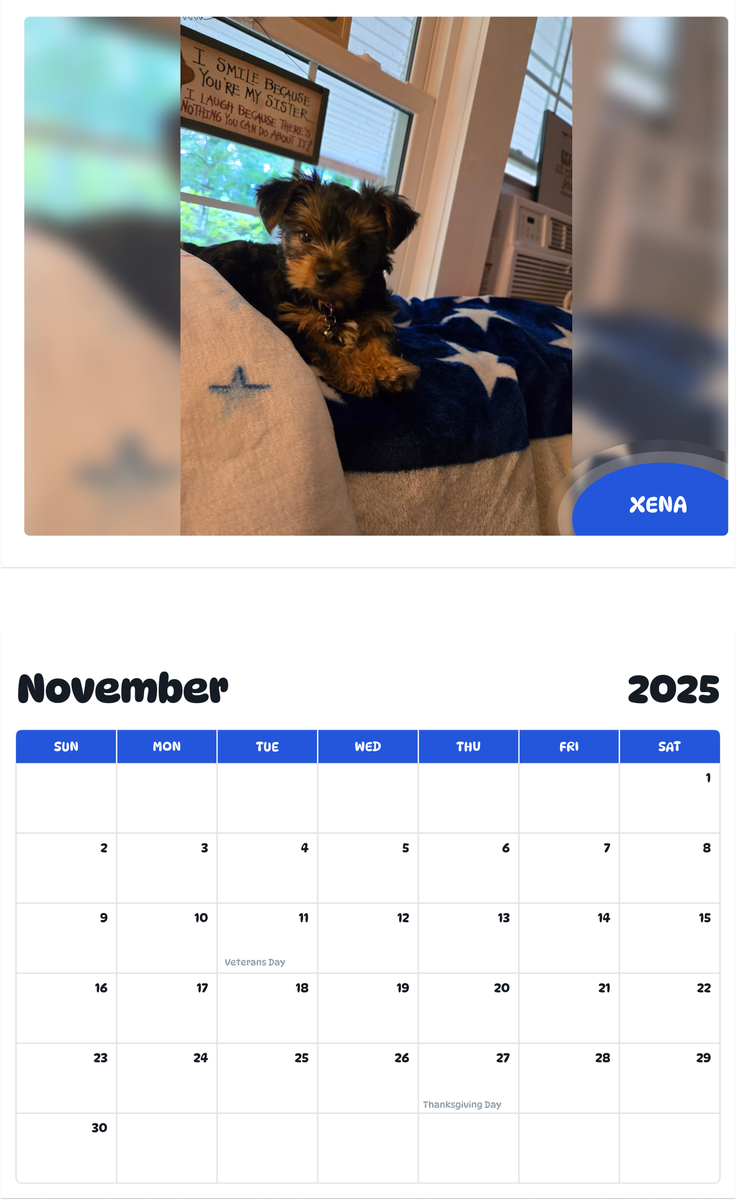 July 2025 - June 2026 Xena - Pawidols Pet Calendar