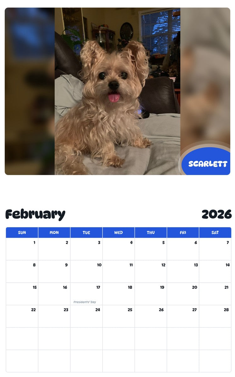 October 2025 - September 2026 SCARLETT - Pawidols Pet Calendar