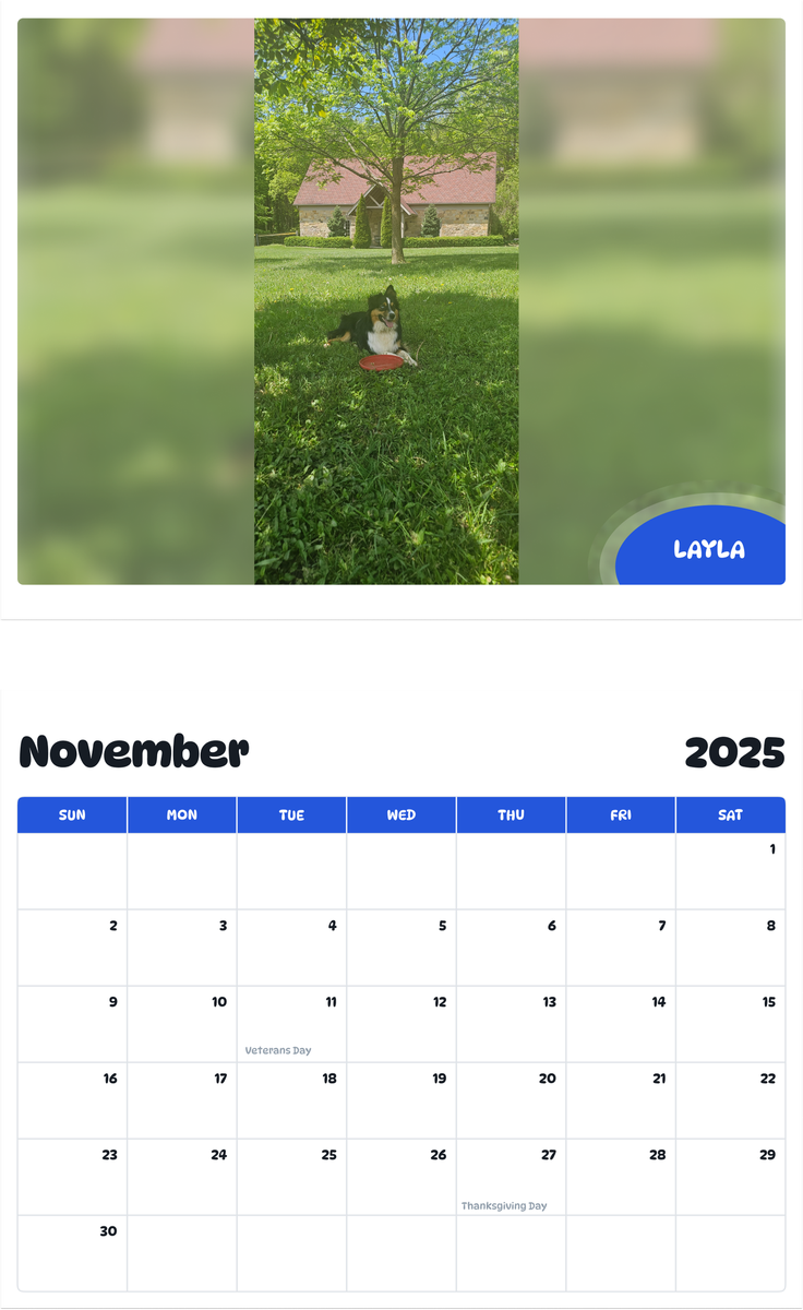 July 2025 - June 2026 Layla - Pawidols Pet Calendar