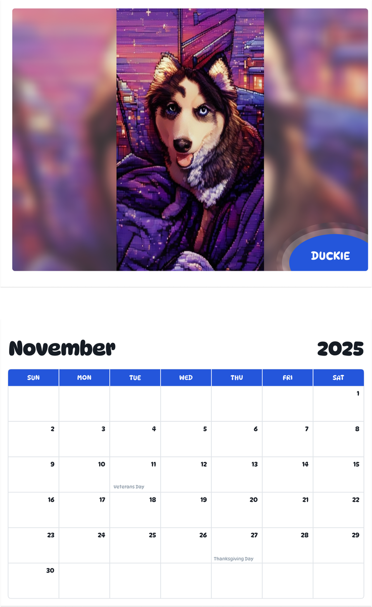 July 2025 - June 2026 Duckie - Pawidols Pet Calendar