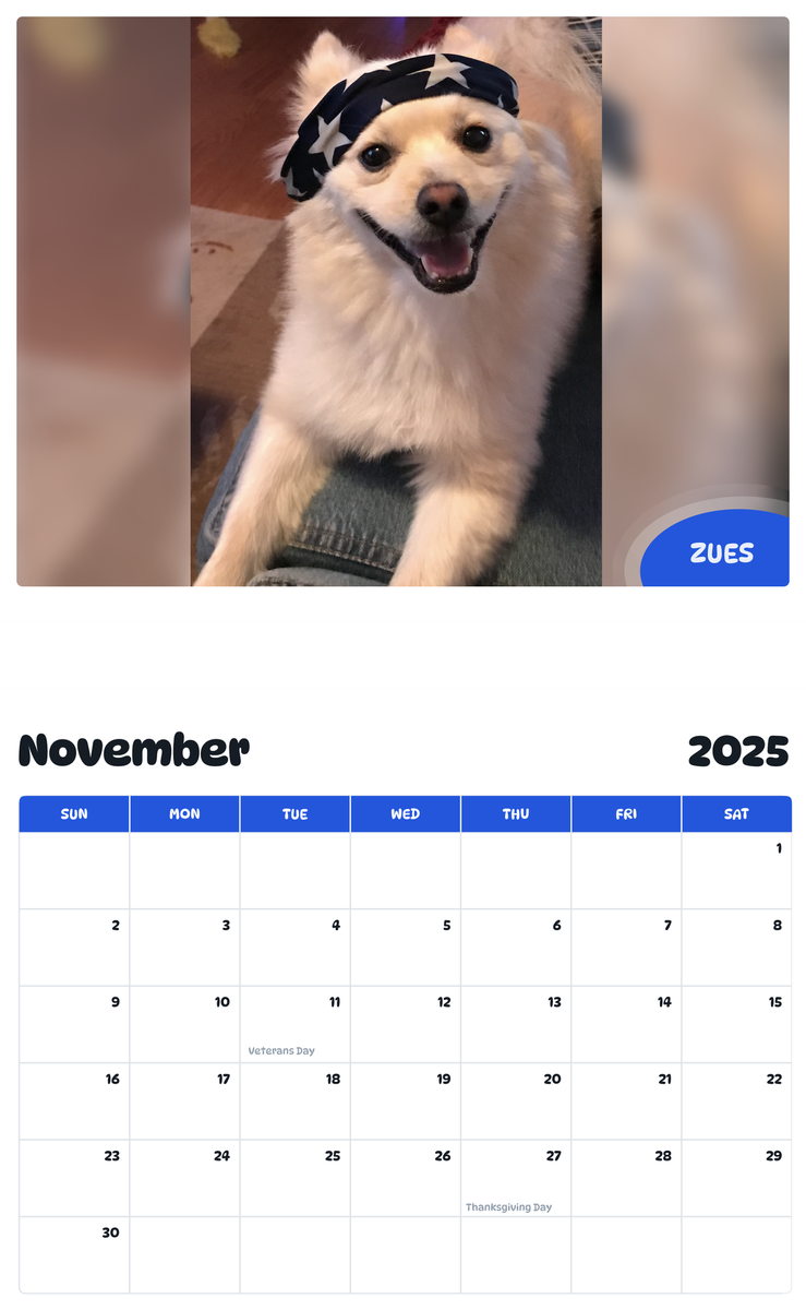 July 2025 - June 2026 Zues - Pawidols Pet Calendar