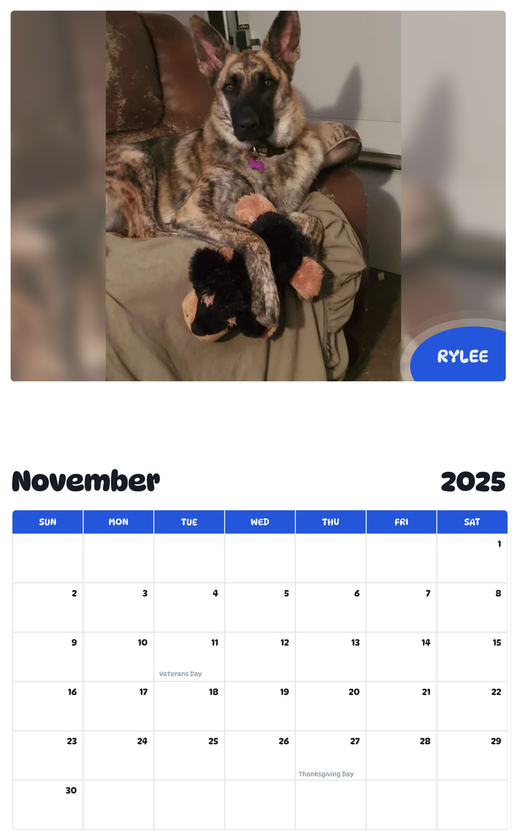 July 2025 - June 2026 Rylee - Pawidols Pet Calendar
