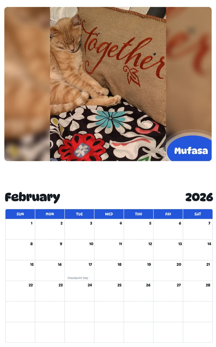 October 2025 - September 2026 Mufasa - Pawidols Pet Calendar