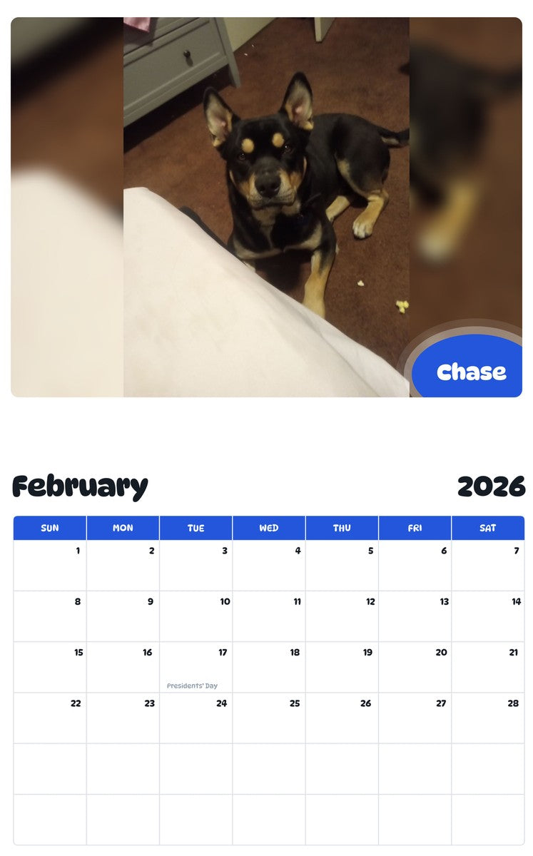 October 2025 - September 2026 Chase - Pawidols Pet Calendar