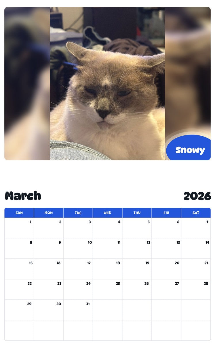 November 2025 - October 2026 Snowy - Pawidols Pet Calendar