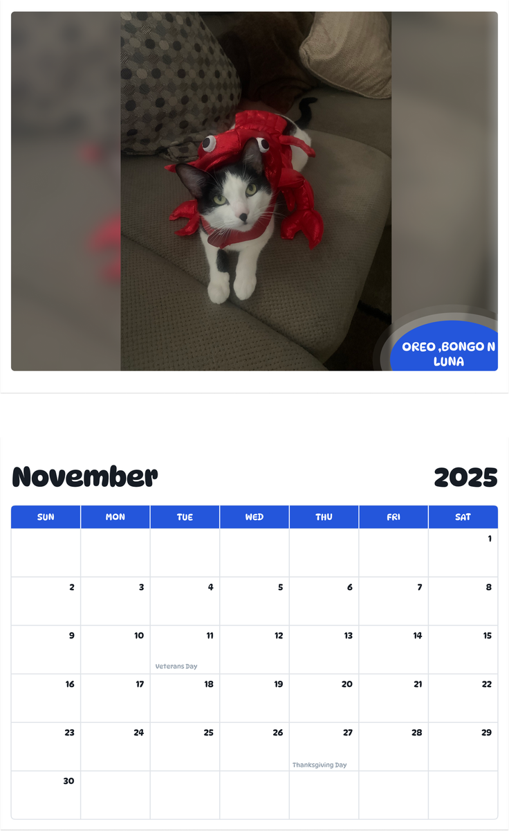 July 2025 - June 2026 Oreo ,bongo n luna - Pawidols Pet Calendar
