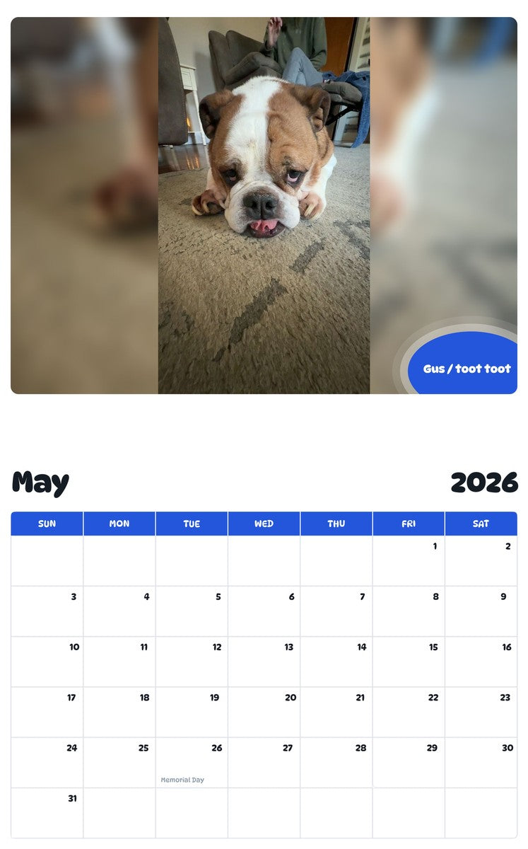 2026 - 2027 Gus / toot toot - Pawidols Pet Calendar
