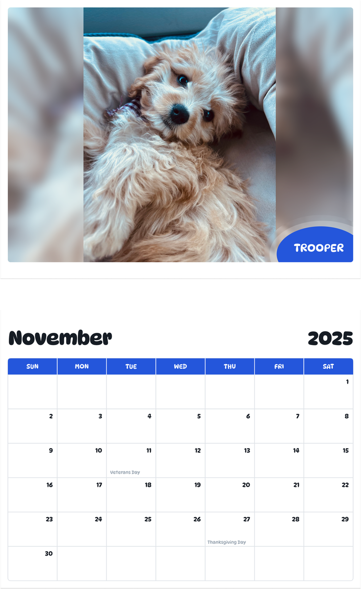 July 2025 - June 2026 Trooper - Pawidols Pet Calendar