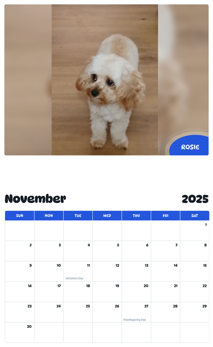 July 2025 - June 2026 Rosie - Pawidols Pet Calendar