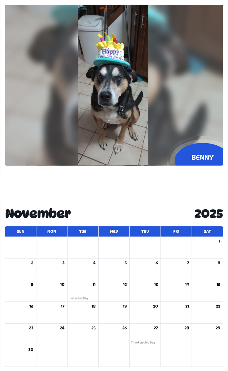 July 2025 - June 2026 Benny - Pawidols Pet Calendar