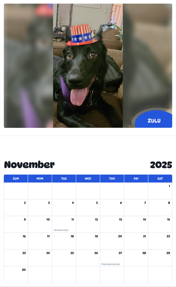 July 2025 - June 2026 Zulu - Pawidols Pet Calendar