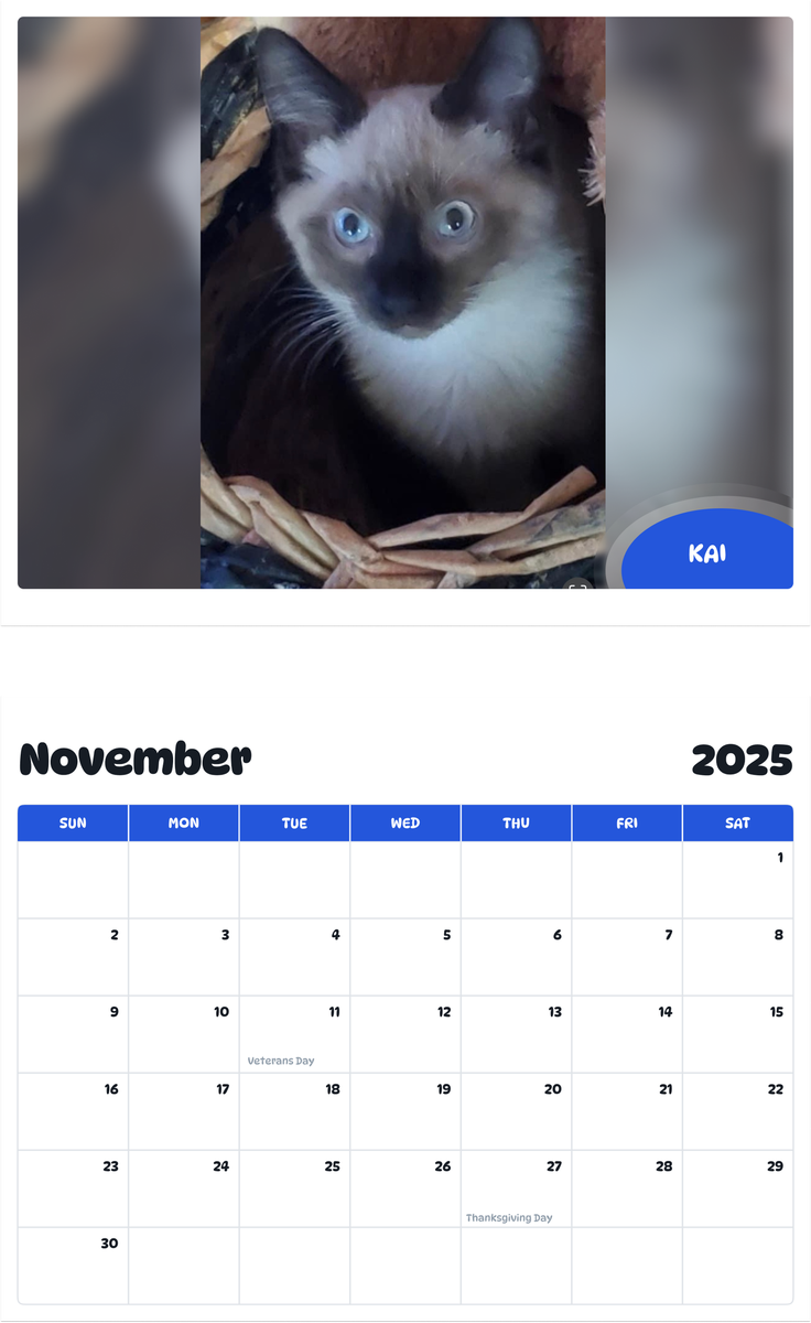 July 2025 - June 2026 Kai - Pawidols Pet Calendar