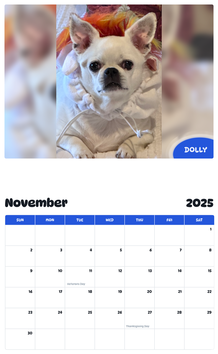 July 2025 - June 2026 Dolly - Pawidols Pet Calendar