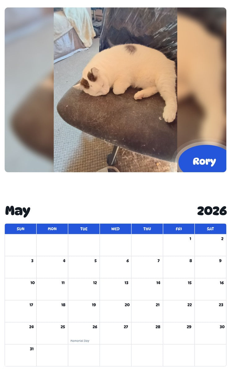 2026 - 2027 Rory - Pawidols Pet Calendar