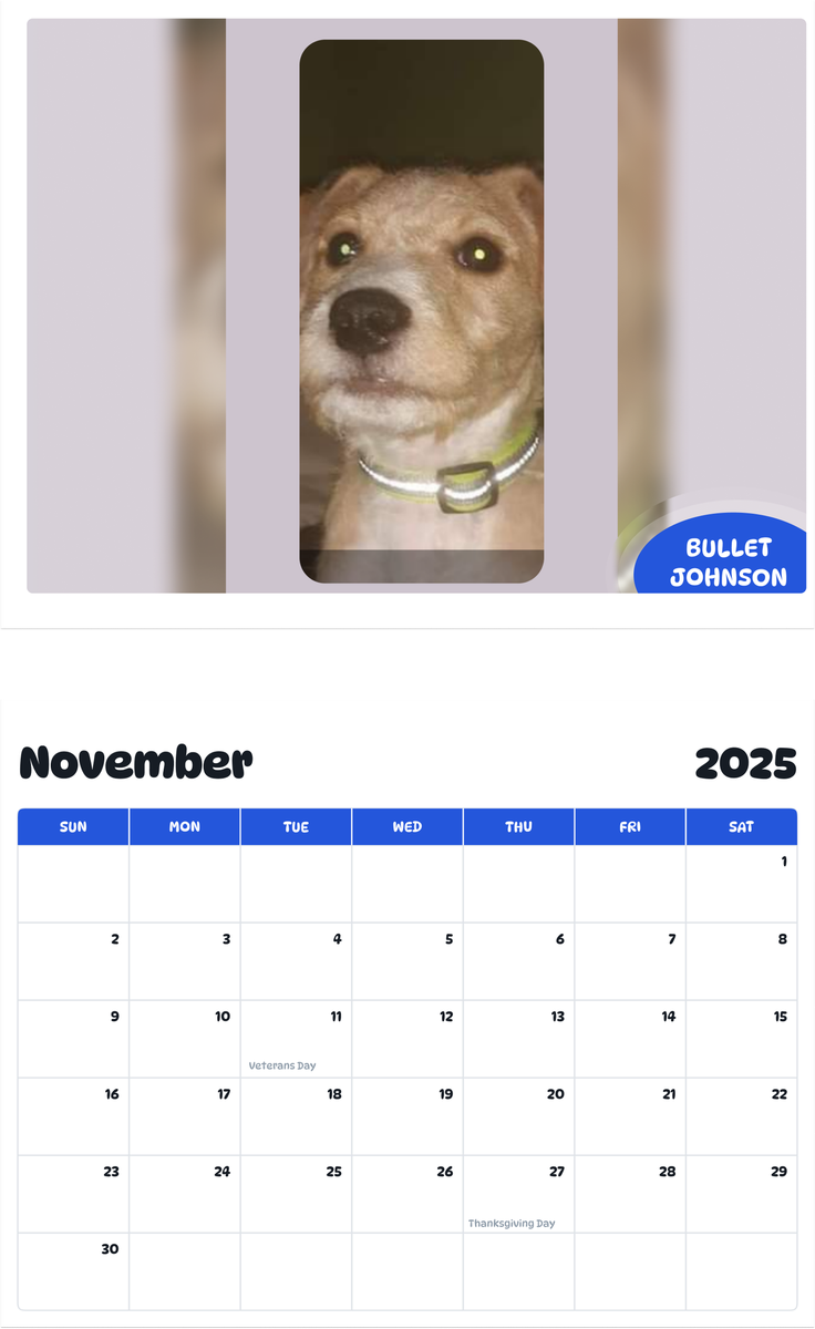 July 2025 - June 2026 Bullet Johnson - Pawidols Pet Calendar