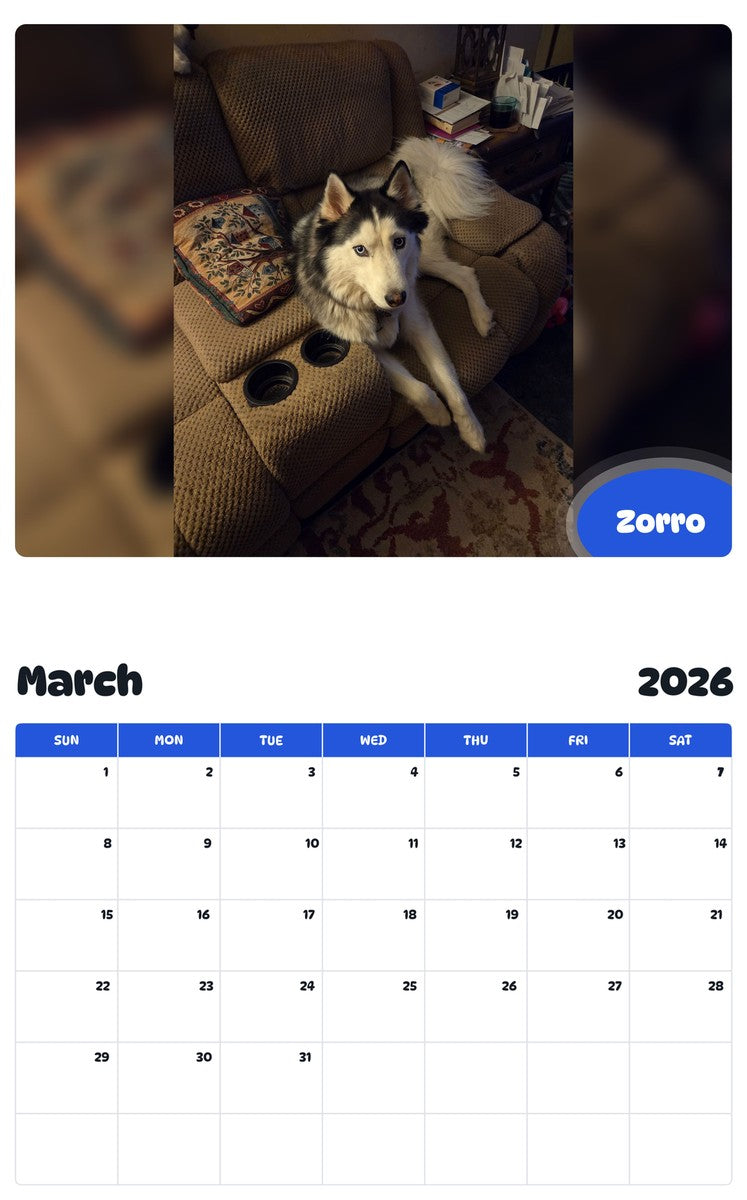 November 2025 - October 2026 Zorro - Pawidols Pet Calendar