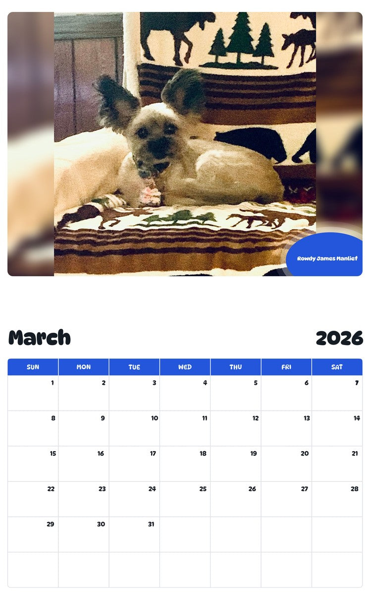 November 2025 - October 2026 Rowdy James Manlief - Pawidols Pet Calendar