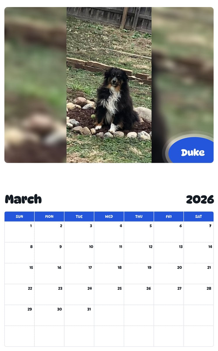 November 2025 - October 2026 Duke - Pawidols Pet Calendar