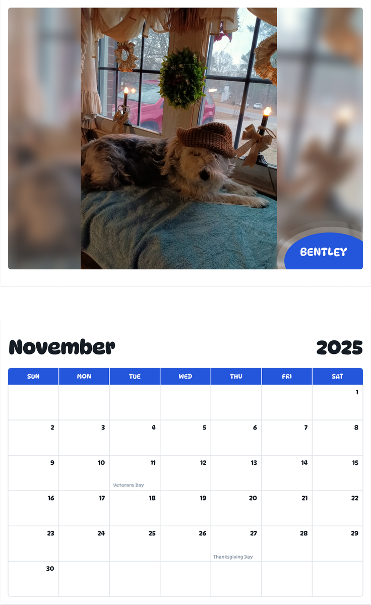 July 2025 - June 2026 Bentley - Pawidols Pet Calendar
