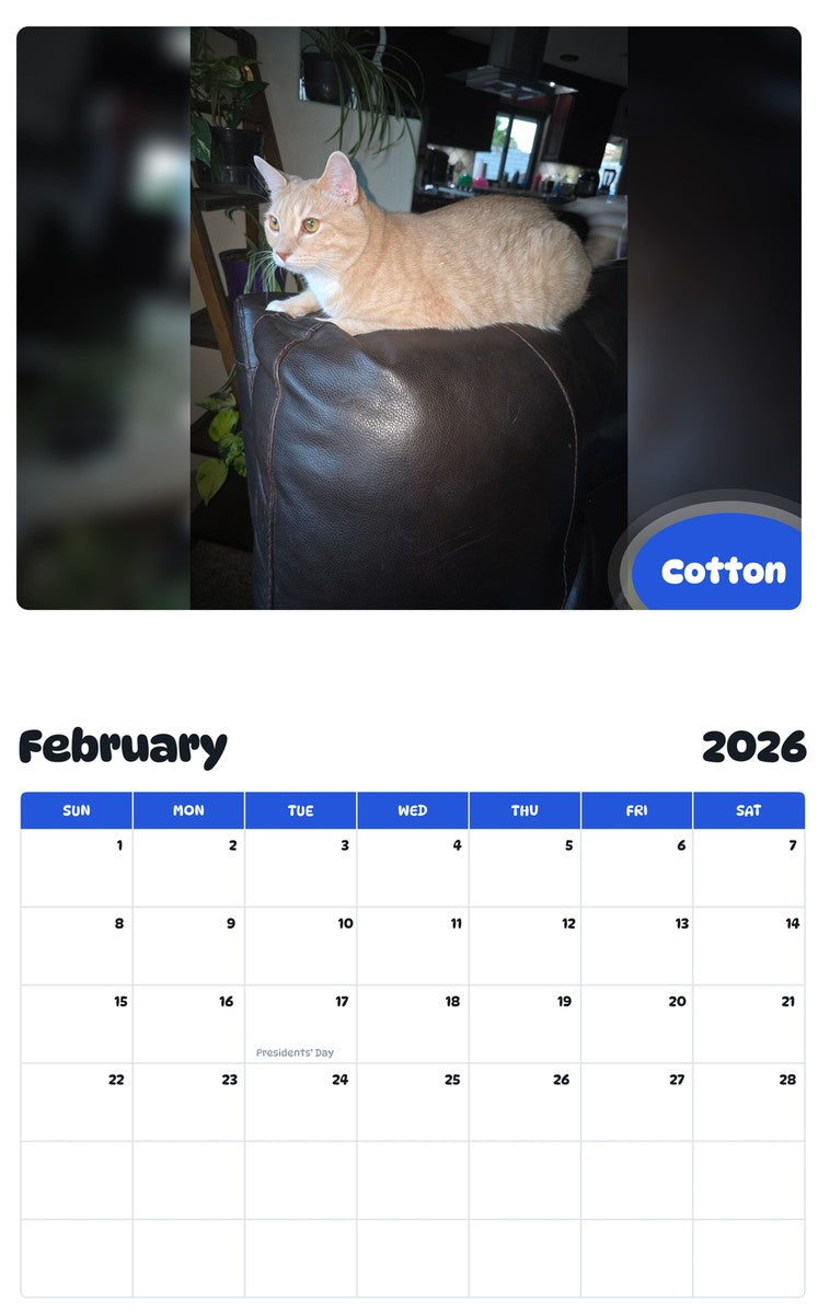 October 2025 - September 2026 Cotton - Pawidols Pet Calendar