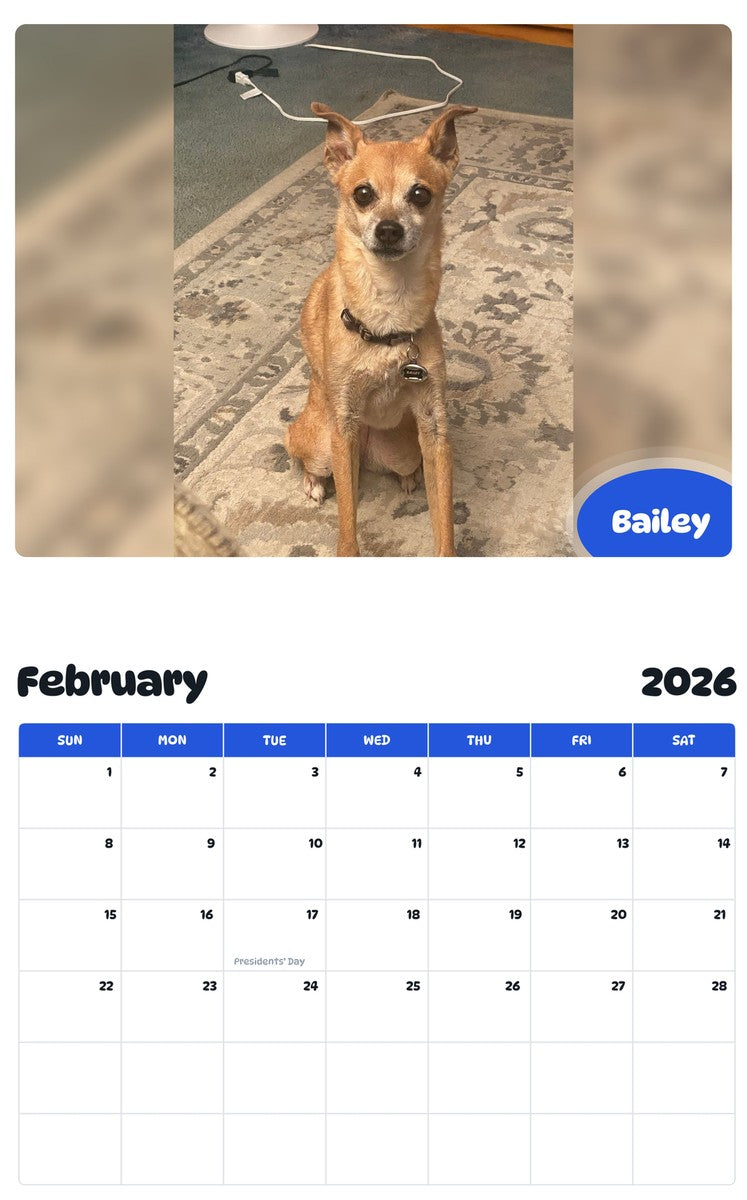 October 2025 - September 2026 Bailey - Pawidols Pet Calendar