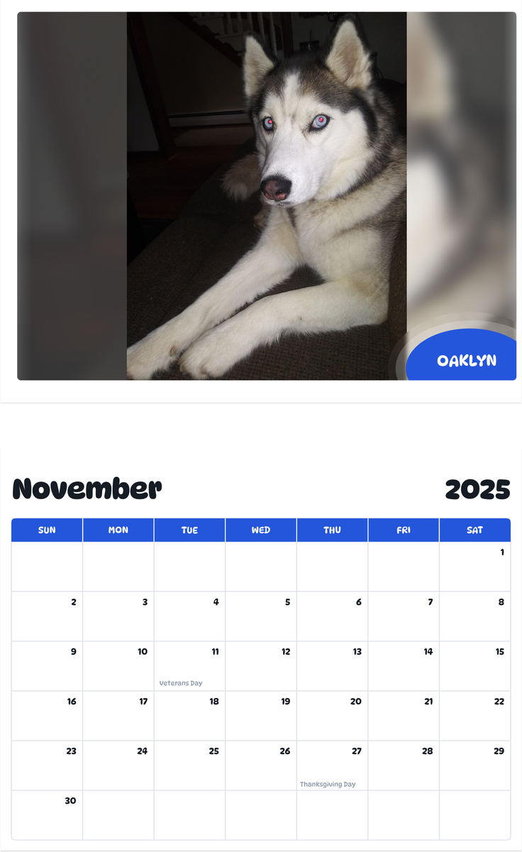 July 2025 - June 2026 Oaklyn - Pawidols Pet Calendar