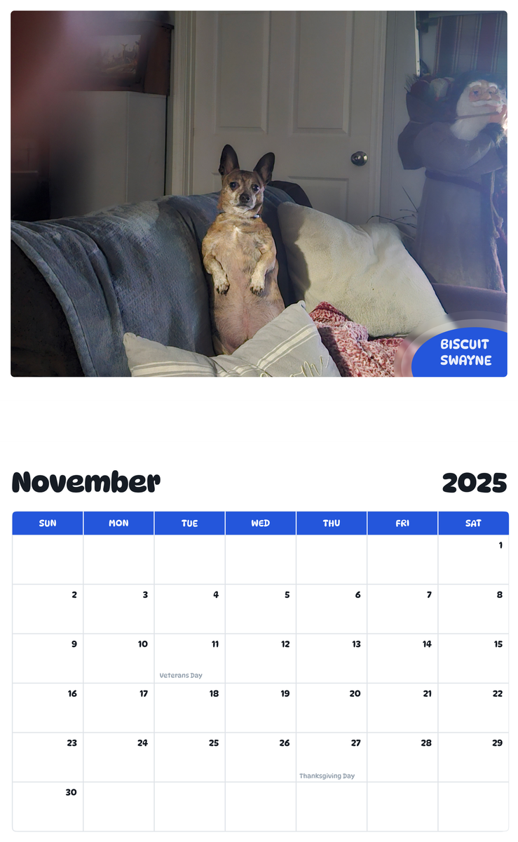 July 2025 - June 2026 Biscuit Swayne - Pawidols Pet Calendar