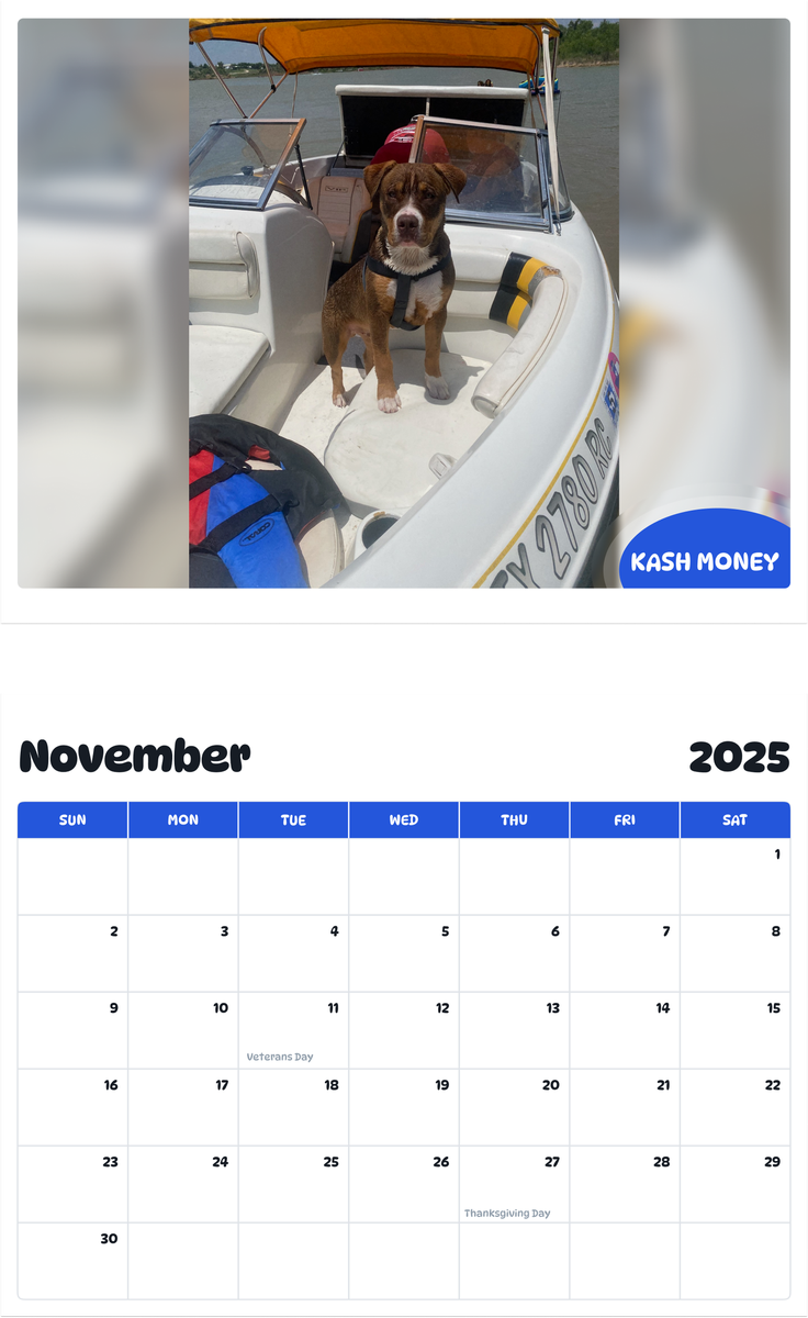 July 2025 - June 2026 Kash Money - Pawidols Pet Calendar