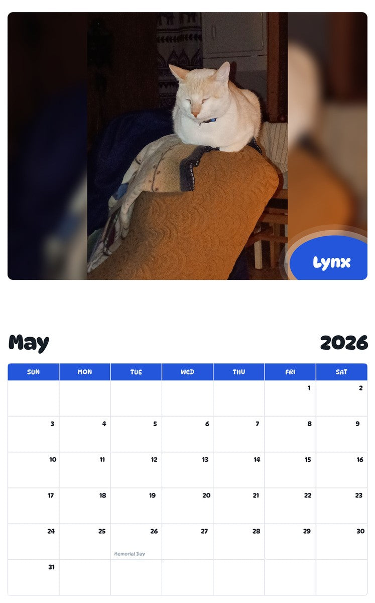 2026 - 2027 Lynx - Pawidols Pet Calendar