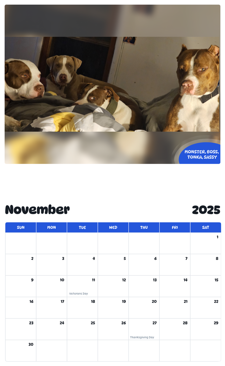 July 2025 - June 2026 Monster, Boss, Tonka, Sassy - Pawidols Pet Calendar