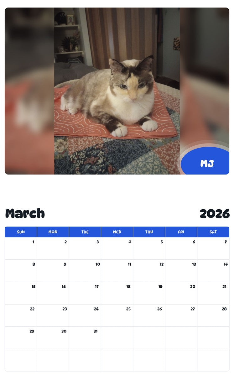 November 2025 - October 2026 MJ - Pawidols Pet Calendar