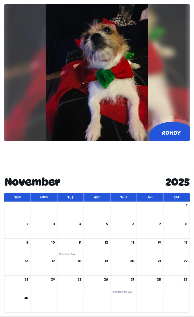 July 2025 - June 2026 Rowdy - Pawidols Pet Calendar